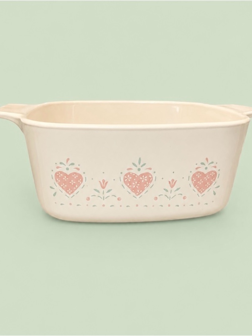 Corningware Vintage Cream Casserole Dish with Pink Heart Floral Motif